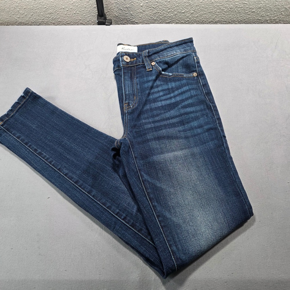 KanCan Mid Rise Skinny Jeans Dark Wash Whiskering Distressed Hem 7/27‎